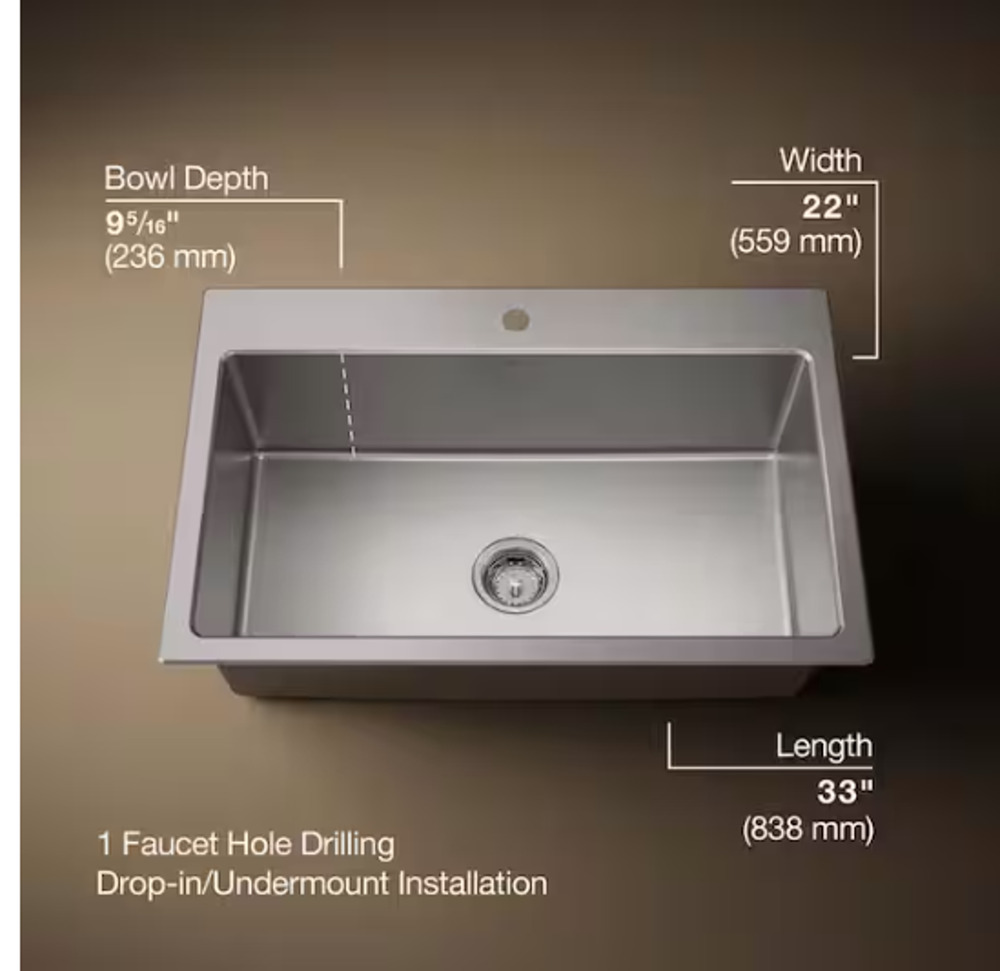 KOHLER Cursiva Stainless Steel 33" Single Bowl Drop-In / Undermount Kitchen Sink